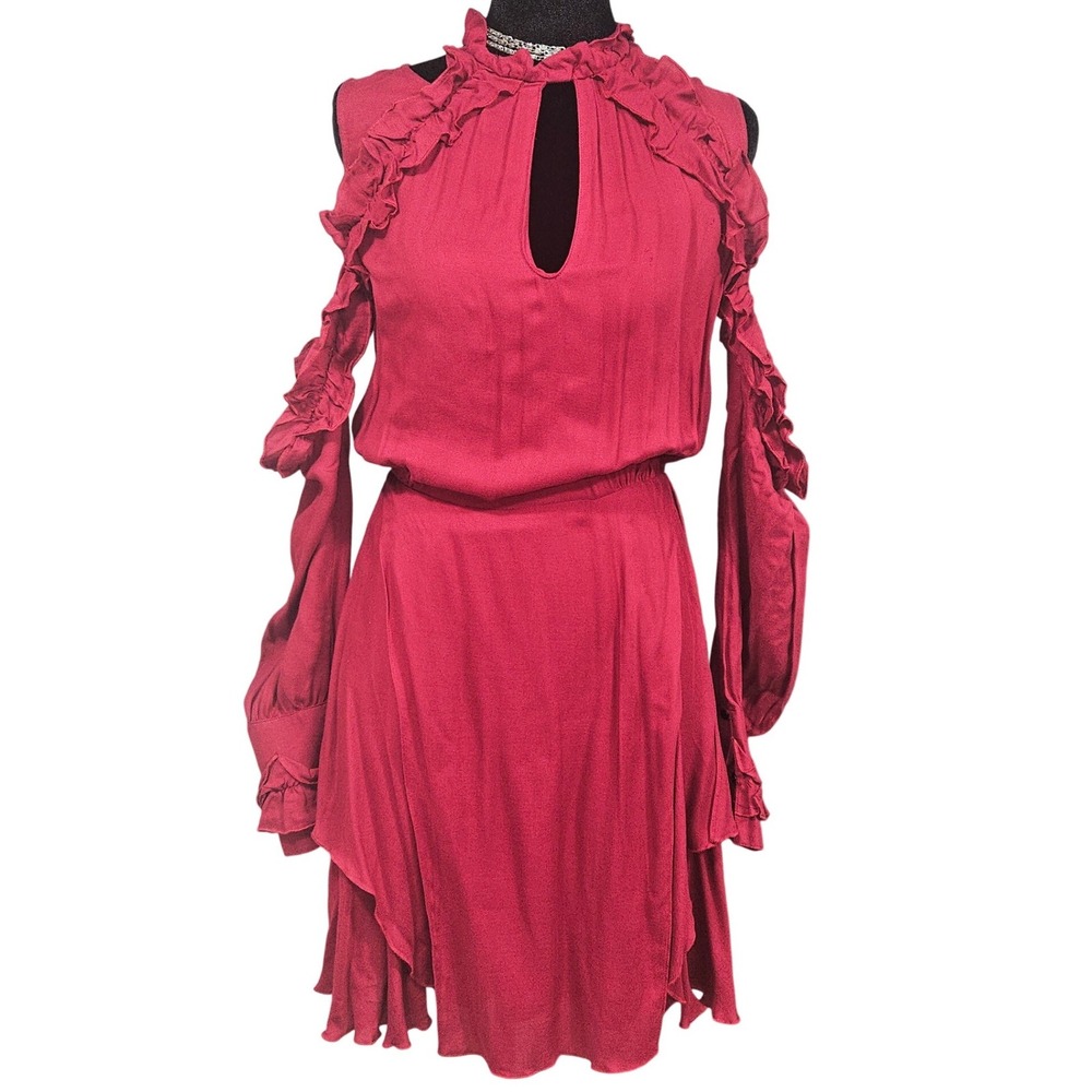 IRO Paris Red Cold Shoulder Ruffle Mini Dress Open Back Keyhole Size 34